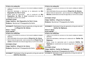 Criterio de evaluación:
 Cumple con los acuerdos de convivencia en todo momento (NORMAS DE HIGIENE Y
SEGURIDAD).
 Desarrolla habilidades y destrezas en la elaboración de Mini
Empanaditas De Pollo O Carne.
 Realiza tareas de operaciones para la producción de Mini
Empanaditas De Pollo O Carne considerando las normas de
seguridad y el control de la calidad.
Actividad virtual:
Campo temático: Mini Empanaditas De Pollo O Carne.
Evidencia: Recetarios Y Presupuestos De Venta.
Criterio de evaluación:
 Cumple con los acuerdos de convivencia en todo momento (NORMAS DE HIGIENE Y
SEGURIDAD).
 Aplica habilidades técnicas para elaborar Alfajorcitos De Maicena
 Realiza tareas de operaciones para la producción de Alfajorcitos De
Maicena considerando las normas de seguridad y el control de la calidad.
Actividad virtual:
Campo temático: Alfajorcitos De Maicena
Evidencia: Recetarios Y Presupuestos De Venta.
Actividad 5: Realizamos la hoja de operación y la hoja de costo
de Alfajorcito De Colores.
Horas: 7 horas
Fecha:28/04/____
Actividad 6: Realizamos la hoja de operación y la hoja de costo de
Conitos De Espinacas.
Horas:7 Horas
Fecha:05/05/____
Criterio de evaluación:
 Cumple con los acuerdos de convivencia en todo momento (NORMAS DE HIGIENE Y
SEGURIDAD).
 Aplica habilidades técnicas para elaborar Alfajorcitos De Colores
 Realiza tareas de operaciones para la producción de Alfajorcitos De
colores considerando las normas de seguridad y el control de la calidad.
Actividad virtual:
Campo temático: Alfajorcito De Colores
Evidencia: Recetarios Y Presupuestos De Venta.
Criterio de evaluación:
 Cumple con los acuerdos de convivencia en todo momento (NORMAS DE HIGIENE Y
SEGURIDAD).
 Desarrolla habilidades y destrezas en la elaboración de Conitos De
Espinacas.
 Realiza tareas de operaciones para la producción Conitos De
Espinacas de considerando las normas de seguridad y el control de la
calidad.
Actividad virtual:
Campo temático: Conitos De Espinacas
Evidencia: Recetarios Y Presupuestos De Venta.
Actividad 7: Realizamos la hoja de operación y la hoja de costo de
Galletitas Decoradas.
Actividad 8: Realizamos la hoja de operación y la hoja de costo de
Mini Piononitos
 
