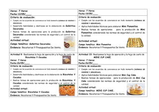 Horas: 7 Horas
Fecha:12/05/____
Horas: 7 Horas
Fecha:19/05/____
Criterio de evaluación:
 Cumple con los acuerdos de convivencia en todo momento (NORMAS DE HIGIENE Y
SEGURIDAD).
 Desarrolla habilidades y destrezas en la elaboración de Galletitas
Decoradas.
 Realiza tareas de operaciones para la producción de Galletitas
Decoradas considerando las normas de seguridad y el control de la
calidad.
Actividad virtual:
Campo temático: Galletitas Decoradas.
Evidencia: Recetarios Y Presupuestos De Venta.
Criterio de evaluación:
 Cumple con los acuerdos de convivencia en todo momento (NORMAS DE
HIGIENE Y SEGURIDAD).
 Aplica habilidades técnicas para elaborar Mini Piononitos
 Realiza tareas de operaciones para la producción de Mini
Piononitos considerando las normas de seguridad y el control de
la calidad.
Actividad virtual:
Campo temático: Mini Piononitos
Evidencia: Recetarios Y Presupuestos De Venta
Actividad 9: Realizamos la hoja de operación y la hoja de costo de
Bizcotelas Y Cocadas.
Horas: 7 Horas
Fecha:26/05/____
Actividad 10: Realizamos la hoja de operación y la hoja de costo de
MINI CUP CAKE.
Horas: 7 Horas
Fecha:26/05/____
Criterio de evaluación:
 Cumple con los acuerdos de convivencia en todo momento (NORMAS DE HIGIENE Y
SEGURIDAD).
 Desarrolla habilidades y destrezas en la elaboración de Bizcotelas Y
Cocadas.
 Realiza tareas de operaciones para la producción de Bizcotelas Y
Cocadas considerando las normas de seguridad y el control de la
calidad.
Actividad virtual:
Campo temático: Bizcotelas Y Cocadas.
Evidencia: Recetarios Y Presupuestos De Venta
Criterio de evaluación:
 Cumple con los acuerdos de convivencia en todo momento (NORMAS DE
HIGIENE Y SEGURIDAD).
 Aplica habilidades técnicas para elaborar Mini Cup Cake.
 Realiza tareas de operaciones para la producción de Mini Cup
Cake considerando las normas de seguridad y el control de la
calidad.
Actividad virtual:
Campo temático: MINI CUP CAKE.
Evidencia: Recetarios Y Presupuestos De Venta
 