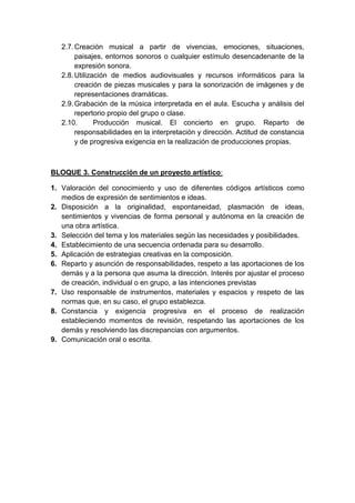 2.7. Creación musical a partir de vivencias, emociones, situaciones,
paisajes, entornos sonoros o cualquier estímulo desencadenante de la
expresión sonora.
2.8. Utilización de medios audiovisuales y recursos informáticos para la
creación de piezas musicales y para la sonorización de imágenes y de
representaciones dramáticas.
2.9. Grabación de la música interpretada en el aula. Escucha y análisis del
repertorio propio del grupo o clase.
2.10.
Producción musical. El concierto en grupo. Reparto de
responsabilidades en la interpretación y dirección. Actitud de constancia
y de progresiva exigencia en la realización de producciones propias.

BLOQUE 3. Construcción de un proyecto artístico:
1. Valoración del conocimiento y uso de diferentes códigos artísticos como
medios de expresión de sentimientos e ideas.
2. Disposición a la originalidad, espontaneidad, plasmación de ideas,
sentimientos y vivencias de forma personal y autónoma en la creación de
una obra artística.
3. Selección del tema y los materiales según las necesidades y posibilidades.
4. Establecimiento de una secuencia ordenada para su desarrollo.
5. Aplicación de estrategias creativas en la composición.
6. Reparto y asunción de responsabilidades, respeto a las aportaciones de los
demás y a la persona que asuma la dirección. Interés por ajustar el proceso
de creación, individual o en grupo, a las intenciones previstas
7. Uso responsable de instrumentos, materiales y espacios y respeto de las
normas que, en su caso, el grupo establezca.
8. Constancia y exigencia progresiva en el proceso de realización
estableciendo momentos de revisión, respetando las aportaciones de los
demás y resolviendo las discrepancias con argumentos.
9. Comunicación oral o escrita.

 