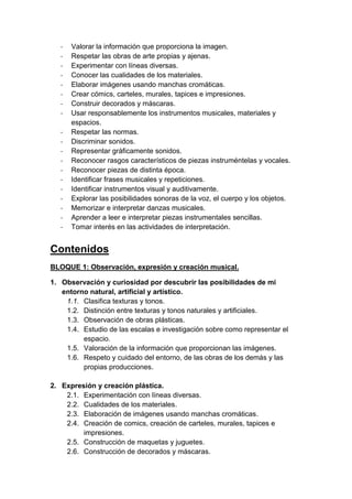 -

Valorar la información que proporciona la imagen.
Respetar las obras de arte propias y ajenas.
Experimentar con líneas diversas.
Conocer las cualidades de los materiales.
Elaborar imágenes usando manchas cromáticas.
Crear cómics, carteles, murales, tapices e impresiones.
Construir decorados y máscaras.
Usar responsablemente los instrumentos musicales, materiales y
espacios.
Respetar las normas.
Discriminar sonidos.
Representar gráficamente sonidos.
Reconocer rasgos característicos de piezas instruméntelas y vocales.
Reconocer piezas de distinta época.
Identificar frases musicales y repeticiones.
Identificar instrumentos visual y auditivamente.
Explorar las posibilidades sonoras de la voz, el cuerpo y los objetos.
Memorizar e interpretar danzas musicales.
Aprender a leer e interpretar piezas instrumentales sencillas.
Tomar interés en las actividades de interpretación.

Contenidos
BLOQUE 1: Observación, expresión y creación musical.
1. Observación y curiosidad por descubrir las posibilidades de mi
entorno natural, artificial y artístico.
1.1. Clasifica texturas y tonos.
1.2. Distinción entre texturas y tonos naturales y artificiales.
1.3. Observación de obras plásticas.
1.4. Estudio de las escalas e investigación sobre como representar el
espacio.
1.5. Valoración de la información que proporcionan las imágenes.
1.6. Respeto y cuidado del entorno, de las obras de los demás y las
propias producciones.
2. Expresión y creación plástica.
2.1. Experimentación con líneas diversas.
2.2. Cualidades de los materiales.
2.3. Elaboración de imágenes usando manchas cromáticas.
2.4. Creación de comics, creación de carteles, murales, tapices e
impresiones.
2.5. Construcción de maquetas y juguetes.
2.6. Construcción de decorados y máscaras.

 