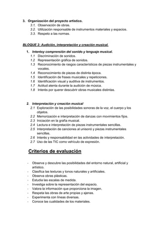3. Organización del proyecto artístico.
3.1. Observación de obras.
3.2. Utilización responsable de instrumentos materiales y espacios.
3.3. Respeto a las normas.

BLOQUE 2: Audición, interpretación y creación musical.
1. Interésy comprensión del sonido y lenguaje musical.
1.1 Discriminación de sonidos.
1.2 Representación gráfica de sonidos.
1.3 Reconocimiento de rasgos característicos de piezas instrumentales y
vocales.
1.4 Reconocimiento de piezas de distinta época.
1.5 Identificación de frases musicales y repeticiones.
1.6 Identificación visual y auditiva de instrumentos.
1.7 Actitud atenta durante la audición de música.
1.8 Interés por querer descubrir obras musicales distintas.

2. Interpretación y creación musical
2.1 Exploración de las posibilidades sonoras de la voz, el cuerpo y los
objetos.
2.2 Memorización e interpretación de danzas con movimientos fijos.
2.3 Iniciación en la grafía musical.
2.4 Lectura e interpretación de piezas instrumentales sencillas.
2.5 Interpretación de canciones al unisonó y piezas instrumentales
sencillas.
2.6 Interés y responsabilidad en las actividades de interpretación.
2.7 Uso de las TIC como vehículo de expresión.

Criterios de evaluación
-

Observa y descubre las posibilidades del entorno natural, artificial y
artístico.
Clasifica las texturas y tonos naturales y artificiales.
Observa obras plásticas.
Estudia las escalas de medida.
Investiga sobre la representación del espacio.
Valora la información que proporciona la imagen.
Respeta las obras de arte propias y ajenas.
Experimenta con líneas diversas.
Conoce las cualidades de los materiales.

 