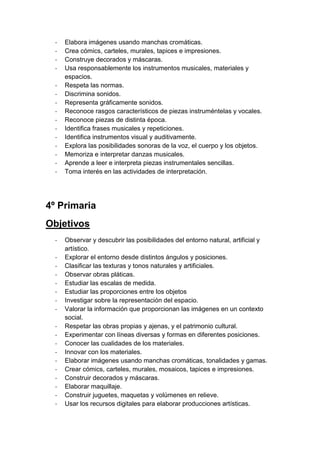 -

Elabora imágenes usando manchas cromáticas.
Crea cómics, carteles, murales, tapices e impresiones.
Construye decorados y máscaras.
Usa responsablemente los instrumentos musicales, materiales y
espacios.
Respeta las normas.
Discrimina sonidos.
Representa gráficamente sonidos.
Reconoce rasgos característicos de piezas instruméntelas y vocales.
Reconoce piezas de distinta época.
Identifica frases musicales y repeticiones.
Identifica instrumentos visual y auditivamente.
Explora las posibilidades sonoras de la voz, el cuerpo y los objetos.
Memoriza e interpretar danzas musicales.
Aprende a leer e interpreta piezas instrumentales sencillas.
Toma interés en las actividades de interpretación.

4º Primaria
Objetivos
-

Observar y descubrir las posibilidades del entorno natural, artificial y
artístico.
Explorar el entorno desde distintos ángulos y posiciones.
Clasificar las texturas y tonos naturales y artificiales.
Observar obras pláticas.
Estudiar las escalas de medida.
Estudiar las proporciones entre los objetos
Investigar sobre la representación del espacio.
Valorar la información que proporcionan las imágenes en un contexto
social.
Respetar las obras propias y ajenas, y el patrimonio cultural.
Experimentar con líneas diversas y formas en diferentes posiciones.
Conocer las cualidades de los materiales.
Innovar con los materiales.
Elaborar imágenes usando manchas cromáticas, tonalidades y gamas.
Crear cómics, carteles, murales, mosaicos, tapices e impresiones.
Construir decorados y máscaras.
Elaborar maquillaje.
Construir juguetes, maquetas y volúmenes en relieve.
Usar los recursos digitales para elaborar producciones artísticas.

 