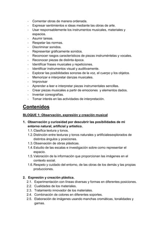 -

Comentar obras de manera ordenada.
Expresar sentimientos e ideas mediante las obras de arte.
Usar responsablemente los instrumentos musicales, materiales y
espacios.
Asumir tareas.
Respetar las normas.
Discriminar sonidos.
Representar gráficamente sonidos.
Reconocer rasgos característicos de piezas instruméntelas y vocales.
Reconocer piezas de distinta época.
Identificar frases musicales y repeticiones.
Identificar instrumentos visual y auditivamente.
Explorar las posibilidades sonoras de la voz, el cuerpo y los objetos.
Memorizar e interpretar danzas musicales.
Improvisar
Aprender a leer e interpretar piezas instrumentales sencillas.
Crear piezas musicales a partir de emociones y elementos dados.
Inventar coreografías.
Tomar interés en las actividades de interpretación.

Contenidos
BLOQUE 1: Observación, expresión y creación musical
1. Observación y curiosidad por descubrir las posibilidades de mi
entorno natural, artificial y artístico.
1.1. Clasifica textura y tonos.
1.2. Distinción entre texturas y tonos naturales y artificialesexplorados de
distintos ángulos y posiciones.
1.3. Observación de obras plásticas.
1.4. Estudio de las escalas e investigación sobre como representar el
espacio.
1.5. Valoración de la información que proporcionan las imágenes en el
contexto social.
1.6. Respeto y cuidado del entorno, de las obras de los demás y las propias
producciones.
2. Expresión y creación plástica.
2.1. Experimentación con líneas diversas y formas en diferentes posiciones.
2.2. Cualidades de los materiales.
2.3. Tratamiento innovador de los materiales.
2.4. Combinación de colores en diferentes soportes.
2.5. Elaboración de imágenes usando manchas cromáticas, tonalidades y
gamas.

 