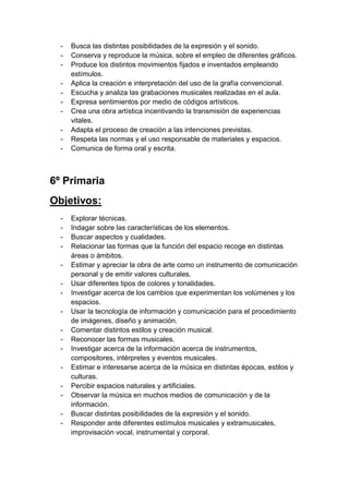 -

Busca las distintas posibilidades de la expresión y el sonido.
Conserva y reproduce la música, sobre el empleo de diferentes gráficos.
Produce los distintos movimientos fijados e inventados empleando
estímulos.
Aplica la creación e interpretación del uso de la grafía convencional.
Escucha y analiza las grabaciones musicales realizadas en el aula.
Expresa sentimientos por medio de códigos artísticos.
Crea una obra artística incentivando la transmisión de experiencias
vitales.
Adapta el proceso de creación a las intenciones previstas.
Respeta las normas y el uso responsable de materiales y espacios.
Comunica de forma oral y escrita.

6º Primaria
Objetivos:
-

Explorar técnicas.
Indagar sobre las características de los elementos.
Buscar aspectos y cualidades.
Relacionar las formas que la función del espacio recoge en distintas
áreas o ámbitos.
Estimar y apreciar la obra de arte como un instrumento de comunicación
personal y de emitir valores culturales.
Usar diferentes tipos de colores y tonalidades.
Investigar acerca de los cambios que experimentan los volúmenes y los
espacios.
Usar la tecnología de información y comunicación para el procedimiento
de imágenes, diseño y animación.
Comentar distintos estilos y creación musical.
Reconocer las formas musicales.
Investigar acerca de la información acerca de instrumentos,
compositores, intérpretes y eventos musicales.
Estimar e interesarse acerca de la música en distintas épocas, estilos y
culturas.
Percibir espacios naturales y artificiales.
Observar la música en muchos medios de comunicación y de la
información.
Buscar distintas posibilidades de la expresión y el sonido.
Responder ante diferentes estímulos musicales y extramusicales,
improvisación vocal, instrumental y corporal.

 