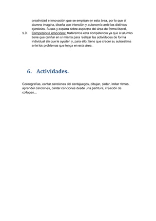 5.9.

creatividad e innovación que se emplean en esta área, por lo que el
alumno imagina, diseña con intención y autonomía ante los distintos
ejercicios. Busca y explora sobre aspectos del área de forma liberal.
Competencia emocional: trataremos esta competencia ya que el alumno
tiene que confiar en sí mismo para realizar las actividades de forma
individual sin que le ayuden y, para ello, tiene que crecer su autoestima
ante los problemas que tenga en esta área.

6. Actividades.
Coreografías, cantar canciones del cantajuegos, dibujar, pintar, imitar ritmos,
aprender canciones, cantar canciones desde una partitura, creación de
collages…

 