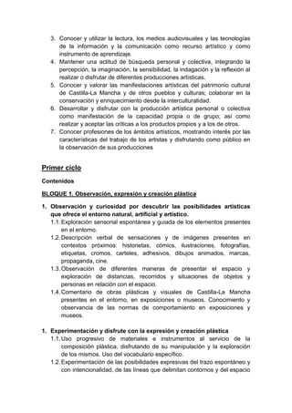 3. Conocer y utilizar la lectura, los medios audiovisuales y las tecnologías
de la información y la comunicación como recurso artístico y como
instrumento de aprendizaje.
4. Mantener una actitud de búsqueda personal y colectiva, integrando la
percepción, la imaginación, la sensibilidad, la indagación y la reflexión al
realizar o disfrutar de diferentes producciones artísticas.
5. Conocer y valorar las manifestaciones artísticas del patrimonio cultural
de Castilla-La Mancha y de otros pueblos y culturas; colaborar en la
conservación y enriquecimiento desde la interculturalidad.
6. Desarrollar y disfrutar con la producción artística personal o colectiva
como manifestación de la capacidad propia o de grupo; así como
realizar y aceptar las críticas a los productos propios y a los de otros.
7. Conocer profesiones de los ámbitos artísticos, mostrando interés por las
características del trabajo de los artistas y disfrutando como público en
la observación de sus producciones

Primer ciclo
Contenidos
BLOQUE 1. Observación, expresión y creación plástica
1. Observación y curiosidad por descubrir las posibilidades artísticas
que ofrece el entorno natural, artificial y artístico.
1.1. Exploración sensorial espontánea y guiada de los elementos presentes
en el entorno.
1.2. Descripción verbal de sensaciones y de imágenes presentes en
contextos próximos: historietas, cómics, ilustraciones, fotografías,
etiquetas, cromos, carteles, adhesivos, dibujos animados, marcas,
propaganda, cine.
1.3. Observación de diferentes maneras de presentar el espacio y
exploración de distancias, recorridos y situaciones de objetos y
personas en relación con el espacio.
1.4. Comentario de obras plásticas y visuales de Castilla-La Mancha
presentes en el entorno, en exposiciones o museos. Conocimiento y
observancia de las normas de comportamiento en exposiciones y
museos.
1. Experimentación y disfrute con la expresión y creación plástica
1.1. Uso progresivo de materiales e instrumentos al servicio de la
composición plástica, disfrutando de su manipulación y la exploración
de los mismos. Uso del vocabulario específico.
1.2. Experimentación de las posibilidades expresivas del trazo espontáneo y
con intencionalidad, de las líneas que delimitan contornos y del espacio

 