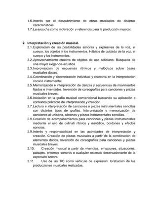 1.6. Interés por el descubrimiento de obras musicales de distintas
características.
1.7. La escucha como motivación y referencia para la producción musical.

2. Interpretación y creación musical.
2.1. Exploración de las posibilidades sonoras y expresivas de la voz, el
cuerpo, los objetos y los instrumentos. Hábitos de cuidado de la voz, el
cuerpo y los instrumentos.
2.2. Aprovechamiento creativo de objetos de uso cotidiano. Búsqueda de
una mayor exigencia acústica.
2.3. Improvisación de esquemas rítmicos y melódicos sobre bases
musicales dadas.
2.4. Coordinación y sincronización individual y colectiva en la interpretación
vocal o instrumental.
2.5. Memorización e interpretación de danzas y secuencias de movimientos
fijados e inventados. Invención de coreografías para canciones y piezas
musicales breves.
2.6. Iniciación en la grafía musical convencional buscando su aplicación a
contextos prácticos de interpretación y creación.
2.7. Lectura e interpretación de canciones y piezas instrumentales sencillas
con distintos tipos de grafías. Interpretación y memorización de
canciones al unísono, cánones y piezas instrumentales sencillas.
2.8. Creación de acompañamientos para canciones y piezas instrumentales
mediante el uso de ostinati rítmico y melódico, bordones y efectos
sonoros.
2.9. Interés y responsabilidad en las actividades de interpretación y
creación. Creación de piezas musicales a partir de la combinación de
elementos dados. Invención de coreografías para canciones y piezas
musicales breves.
2.10.
Creación musical a partir de vivencias, emociones, situaciones,
paisajes, entornos sonoros o cualquier estímulo desencadenante de la
expresión sonora.
2.11.
Uso de las TIC como vehículo de expresión. Grabación de las
producciones musicales realizadas.

 