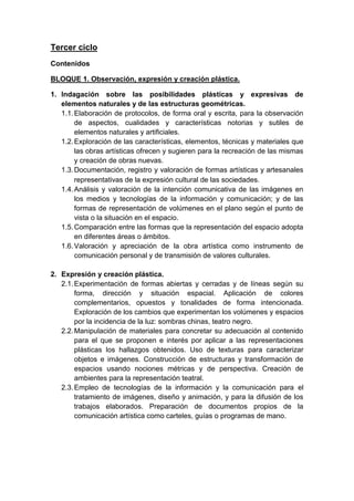 Tercer ciclo
Contenidos
BLOQUE 1. Observación, expresión y creación plástica.
1. Indagación sobre las posibilidades plásticas y expresivas de
elementos naturales y de las estructuras geométricas.
1.1. Elaboración de protocolos, de forma oral y escrita, para la observación
de aspectos, cualidades y características notorias y sutiles de
elementos naturales y artificiales.
1.2. Exploración de las características, elementos, técnicas y materiales que
las obras artísticas ofrecen y sugieren para la recreación de las mismas
y creación de obras nuevas.
1.3. Documentación, registro y valoración de formas artísticas y artesanales
representativas de la expresión cultural de las sociedades.
1.4. Análisis y valoración de la intención comunicativa de las imágenes en
los medios y tecnologías de la información y comunicación; y de las
formas de representación de volúmenes en el plano según el punto de
vista o la situación en el espacio.
1.5. Comparación entre las formas que la representación del espacio adopta
en diferentes áreas o ámbitos.
1.6. Valoración y apreciación de la obra artística como instrumento de
comunicación personal y de transmisión de valores culturales.
2. Expresión y creación plástica.
2.1. Experimentación de formas abiertas y cerradas y de líneas según su
forma, dirección y situación espacial. Aplicación de colores
complementarios, opuestos y tonalidades de forma intencionada.
Exploración de los cambios que experimentan los volúmenes y espacios
por la incidencia de la luz: sombras chinas, teatro negro.
2.2. Manipulación de materiales para concretar su adecuación al contenido
para el que se proponen e interés por aplicar a las representaciones
plásticas los hallazgos obtenidos. Uso de texturas para caracterizar
objetos e imágenes. Construcción de estructuras y transformación de
espacios usando nociones métricas y de perspectiva. Creación de
ambientes para la representación teatral.
2.3. Empleo de tecnologías de la información y la comunicación para el
tratamiento de imágenes, diseño y animación, y para la difusión de los
trabajos elaborados. Preparación de documentos propios de la
comunicación artística como carteles, guías o programas de mano.

 