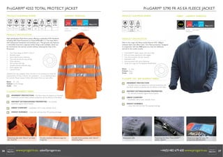 ProGARM 4252 TOTAL PROTECT JACKET

ProGARM® 5790 FR AS EA FLEECE JACKET

INHERENT VXS+ FABRIC
ProGARM® 4252 TOTAL PROTECT JACKET

INHERENT VXS+ FABRIC
ProGARM® 5790 FR AS EA FLEECE JACKET

PRODUCT EUROPEAN NORMS

GARMENT MARKINGS
3

2

EN ISO 11611: EN ISO 11612:
2007
2007
Class 2, A1

A1, B2, C2, F1

EN1149-5:
2008

EN 13034
2005

Pt. 5:2008
Pt. 3:2004
Charge Decay

Type PB (6)
+A1:2009

3

3

EN 471:
IEC 61482-1-2:
EN 343
2003 A1:2007
2007
2003 + A1:2007
Class 3

PRODUCT EUROPEAN NORMS

FABRIC

GARMENT MARKINGS

CLASS 2

FR AS HV EA

EN 14058

Class 2

FLAME
ANTISTATIC
RESISTANT

VXS+
EN ISO 11612:
2008

EN1149-5:
2008

IEC 61482-1-2:
2007

A1, B1, C1

ELECTRIC ARC FLASH

Pt. 5:2008
Pt. 3:2004
Charge Decay

Class 1

HI-VIZIBILITY

CLASS 1

FR AS EA
FLAME
ANTISTATIC
RESISTANT

ELECTRIC ARC FLASH

PRODUCT SPECIFICATION
High speciﬁcation Multi-Norm Jacket offering a multitude of EN Standards
including ARC Flash Protection to Class2 EN61482-1-2. Two layer fabric
with waterproof membrane and antistatic yarn. This garment also features
a removable hood and a separate winter lining is also available, which can
be removed for the warmer months without reducing the Class 2 Arc
Protection.

PRODUCT SPECIFICATION

•
•
•
•
•
•
•
•
•

•
•
•
•
•
•

New to the range, this ﬂeece jacket features VXS+ 300g/m2
antistatic fabric and offers Class 1 Arc Flash protection. Designed
in conjunction with the 5808 jacket as a liner for additional
warmth in the cooler months.

Two-Tone design to EN471 Class 3
Branded zipper
Storm ﬂap & velcro fastening
Two side pockets & map pocket
Wrist adjusters
Arm pocket with ﬂap
Double stitched reﬂective tape
Neck adjuster tab
Internal Pocket

ThermSAFE™ plastic zipper with storm ﬂap
Pull cord waist adjustment with toggles
Two front pockets with zip closures
Elasticated cuffs
Internal pocket with velcro fastening
Visual Arm Logo for EN standard identiﬁcation

Sizes: S - 4XL
Colour: Navy
Code: 5790

Quilted Liner also available. Note, this item is not necessary to meet the
requirements of Class 2 Electric Arc protection – it is an additional layer
for warmth. Please request further information from our sales ofﬁce.

ProGARM® VXS+ 300F INHERENT FABRIC

Sizes: M - 3XL
Colour: Hi-Viz Orange
Code: 4252

INHERENT PROTECTION
– this fabric does not depend on chemical treatments and
the ﬂame resistant properties last the lifetime of the fabric

ProGARM® INHERENT FABRIC

INSTANT EXTINGUISHING PROPERTIES
– for ultimate protection against ﬂame hazards

INHERENT PROTECTION – this fabric does not depend on chemical
treatments and the ﬂame resistant properties last the lifetime of the fabric

GREAT COMFORT
– breathable, soft to wear, fantastic touch

INSTANT EXTINGUISHING PROPERTIES – for ultimate
protection against ﬂame hazards

HIGHLY DURABLE
– colour fast with less than 3% washing shrinkage

GREAT COMFORT – breathable, soft to wear, fantastic touch
HIGHLY DURABLE – colour fast with less than 3% washing shrinkage

V3 © ProGARM®

www.progarm.eu
+44 (0)1482 679600

Fastening tabs with Velcro® on neck
for close ﬁt.

36

V2 © ProGARM®

www.progarm.eu
+44 (0)1482 679600

Double stitched reﬂective tape for
longevity.

www.progarm.eu sales@progarm.eu

Double front pockets with Velcro®
fastening ﬂaps.

Elasticated cuffs.

Featuring the New ThermSAFE™
plastic zippers.

Visual arm logo for easy FR
properties identiﬁcation.

+44(0)1482 679 600 www.progarm.eu

37

 