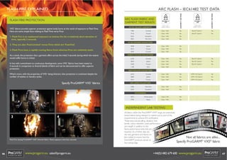 ARC FLASH FABRIC AND
GARMENT TEST RESULTS

FLASH FIRE PROTECTION
VXS fabrics provide superior protection against body burns as the result of exposure to Flash Fires.
Here are some simple facts relating to Flash Fires verus Fires:
+

IEC 61482-1-2:
2009

BOX TEST
FABRIC RESULT

HI-VIZ YELLOW GARMENTS

IEC 61482-1:
2009

OPEN ARC
FABRIC RESULT

GARMENT CERTIFIED

ARC FLASH – IEC61482 TEST DATA
GARMENT CERTIFIED

FLASH FIRE EXPLAINED

Coverall

Class 1 4kA

Yes

Ebt: 8,7 Cal/cm2

Yes

7418

1. Flash Fire is an unplanned exposure to intense ﬁre for a relatively short duration of
time, typically 3 seconds.

7480

Trouser

Class 1 4kA

Yes

Ebt: 8,7 Cal/cm2

Yes

5625

Sweatshirt

Class 1 4kA

Yes

-

-

5825

Polo Shirt

Class 1 4kA

Yes

-

-

Jacket

Class 1 4kA

Yes

-

-

4616

Trouser

Class 1 4kA

Yes

-

-

4690

Coverall

Class 1 4kA

Yes

-

-

HI-VIZ ORANGE COLLECTION

2. They are also ‘Fuel-Limited’ versus Fires which are ‘Fuel-Fed’.
3. Flash Fires have a rapidly moving ﬂame front whereas Fires are relatively static.
As a result, the protection that a garment offers across the initial 3 seconds during which the wearer
would suffer burns is critical.
In line with commitment to continuous development, some VXS+ fabrics have been tested to
4 seconds in comparison to Aramid blends of fabric and can be demonstrated to offer superior
protection.
What’s more, with the properties of VXS+ being inherent, then protection is continued despite the
number of washes or laundry cycles.

4608

SINGLE COLOUR COLLECTION
6100

Coverall

Class 1 4kA

Yes

Ebt: 8,7 Cal/cm2

Yes

5850

Jacket

Class 1 4kA

Yes

Ebt: 8,7 Cal/cm

No

7638

Trouser

Class 1 4kA

Yes

Ebt: 8,7 Cal/cm

Yes

1100

Shirt

Class 1 4kA

Yes

–

–

2
2

NAVY/YELLOW COLLECTION
Coverall

Class 1 4kA

Yes

ATPV: 9.0 Cal/cm2

Yes

5808

Jacket

Class 1 4kA

No

ATPV: 9.0 Cal/cm2

No

5816

Specify ProGARM® VXS+ fabrics

6444

Trouser

Class 1 4kA

Yes

ATPV: 9.0 Cal/cm2

Yes

MID LAYER COLLECTION
5280

Class 1 4kA

No

-

-

5630

1

Polo Shirt
Sweatshirt

Class 1 4kA

No

-

-

2

OUTERWEAR
4252

Winter Jacket

Class 2 7kA

Yes

-

-

5790

Fleece

Class 1 4kA

Yes

-

-

INDEPENDENT LAB TESTING

3

4

Flash Fire testing ProGARM® VXS® Inherent fabric. Flame exposure time four seconds.

46

www.progarm.eu sales@progarm.eu

All fabrics within the ProGARM® VXS® range are extensively
tested before being released to market and as part of the
requirements to achieve EN certiﬁcation.
These tests include pilling, abrasion, tear,
tensile, colour retention, wash performance
and weight in addition to the
ﬂame performance tests that are
required. As a further step we
also test garments and fabrics on
the market to ensure that the
ProGARM® products remain at
the cutting edge.

Not all fabrics are alike...
Specify ProGARM® VXS® fabric

+44(0)1482 679 600 www.progarm.eu

47

 