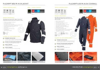 ProGARM® 5850 FR AS EA JACKET

ProGARM® 6100 FR AS EA COVERALL

INHERENT VXS+ FR AS EA JACKET
ProGARM® 5850 FABRIC

INHERENT VXS+ FABRIC
ProGARM® 6100 FR AS EA COVERALL

PRODUCT EUROPEAN NORMS

FABRIC

VXS+
EN ISO 11611: EN ISO 11612:
2008
2008
Class 1, A1

A1, B1, C1

EN1149-5:
2008

IEC 61482-2:
2009

Pt. 5:2008
Pt. 3:2004
Charge Decay

Class 1

GARMENT MARKINGS

PRODUCT EUROPEAN NORMS

FABRIC

CLASS 1

VXS+

FR AS EA
FLAME
ANTISTATIC
RESISTANT

EN ISO 11611: EN ISO 11612:
2007
2008

ELECTRIC ARC FLASH

Class 1, A1

A1, B1, C1

EN1149-5:
2008
Pt. 5:2008
Pt. 3:2004
Charge Decay

IEC 61482-2:
2009

GARMENT MARKINGS
CLASS 1

FR AS EA
FLAME
ANTISTATIC
RESISTANT

Class 1

E BT50=8.7 cal/cm2

ELECTRIC ARC FLASH

PRODUCT SPECIFICATION
Best selling coverall featuring VXS+ 250 FR fabric and
offering increased vizibility using reﬂective tape on arms,
legs and shoulders.

PRODUCT SPECIFICATION
Well designed jacket featuring VXS+ 250g/m2 Inherent fabric,
reﬂective tape and and the easy-stretch arm panel for comfort.
•
•
•
•
•
•
•
•
•
•

•
•
•
•
•
•
•
•
•
•
•
•

Mandarin collar design for protection
Chest pocket with zip
Gas monitor loop on front chest
Arm logo for quick visual guide for garment protection level
Double stitched 50mm FR AS reﬂective tape
Velcro fastening cuffs for close ﬁt
Side pockets
Plastic zipper with protection ﬂap
Extended back
Triple stitched side seams

Sizes: S - 4XL
Colour: Navy
Code: 5850

Easy Arm design for comfort
Chest pockets with ﬂaps
Gas monitor loop on left chest pocket
Two rear pockets with ﬂaps
Two side pockets with access to base layer
Action back for improved comfort
Adjustable cuffs with Velcro fastening tabs
Internal kneepad pockets
FR AS 50mm wide reﬂective tape
Internal waistband adjustment with 2 point fastening
Triple stitched side seams in contrast stitching
ThermSAFE™ plastic zipper

Sizes:

S - 4XL, REG LEG (31”/80cm)
M - 2XL TALL LEG (33”/85cm)
Colour: Navy, Orange
Code: 6100

ProGARM® VXS+ 250W INHERENT FABRIC

ProGARM® VXS+ 250W INHERENT FABRIC

INHERENT PROTECTION
– this fabric does not depend on chemical treatments and
the ﬂame resistant properties last the lifetime of the fabric

INHERENT PROTECTION
– this fabric does not depend on chemical treatments and
the ﬂame resistant properties last the lifetime of the fabric

INSTANT EXTINGUISHING PROPERTIES
– for ultimate protection against ﬂame hazards

INSTANT EXTINGUISHING PROPERTIES
– for ultimate protection against ﬂame hazards

GREAT COMFORT
– breathable, soft to wear, fantastic touch

GREAT COMFORT
– breathable, soft to wear, fantastic touch

HIGHLY DURABLE
– colour fast with less than 3% washing shrinkage

HIGHLY DURABLE
– colour fast with less than 3% washing shrinkage
V4 © ProGARM®

www.progarm.eu
+44 (0)1482 679600

Visual arm logo for easy FR
properties identiﬁcation.

16

V7 © ProGARM®

www.progarm.eu
+44 (0)1482 679600

Napoleon style pocket with zipper.

www.progarm.eu sales@progarm.eu

Double stitched reﬂective tape
for longevity.

Internal kneepad pocket to ﬁt
ProGARM® 2240 kneepad.

Radio loop on front of pocket.

Internal waistband adjustment
for improved ﬁt.

+44(0)1482 679 600 www.progarm.eu

17

 