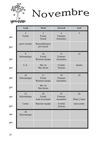 26
Lundi Mardi Mercredi Jeudi
2
Fermé
3
Fermé
Grand
4
Femmes
réseautées
5
grève sociale Rassemblement
provincial
9
Informatique
10
Fermé
Réunion équipe
11
Femmes
réseautées
12
C.A. Ma vie
Mes droits
Comité
Actions
Jasette
16
Informatique
17
Fermé
Réunion équipe
18
Femmes
réseautées
19
Ma vie
Mes droits
23
Informatique
24
Fermé
toute la journée
25
Femmes
réseautées
26
Dîner j’aime
Cartes Réunion équipe Comité
Actions
mon centre
30
Informatique
am
pm
am
pm
am
pm
am
pm
am
pm
 