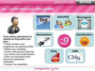 Et si vous deveniez coach ? Vous utilisez gratuitement la plateforme Aujourdhui.com pour : Publier et éditer votre programme  de coaching (CMS) Mettre à jour votreblog Animer votre groupe d’abonnés Les motiver avec la gamification Gérer vos messages privés Suivre les statistiques d’utilisation Envoyer vos newsletters GROUPES CMS Stats Les 7 outils dont vous allez profiter Gamification Newsletters Messagerie 