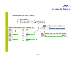 PCPro
Message file d’attente
Exemple de message de file d’’attente
1. Numéro SDA
2. Destination IRG 2 avec Message d’attente
3. Destination Dpt 04 avec Message d’attente
2
1
3
Page 101
 