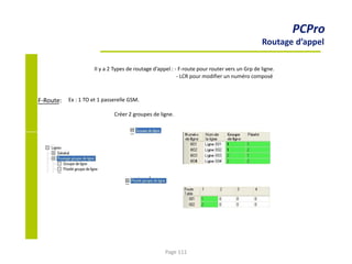 F-Route: Ex : 1 TO et 1 passerelle GSM.
Créer 2 groupes de ligne.
PCPro
Routage d’appel
Il y a 2 Types de routage d’appel : - F-route pour router vers un Grp de ligne.
- LCR pour modifier un numéro composé
Page 111
 