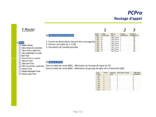 1 2 3F-Route:
PCPro
Routage d’appel
1. Toutes les destinations doivent être renseignées.
2. Donner une table de 1 à 100
3. Simulation de tonalité possible
Dans la table de route 0001 : affectation du Groupe de Ligne du T0.
Dans la table de route 0002 : affectation du groupe de ligne de la Passerelle GSM.
Page 112
 