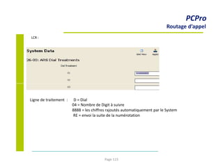 PCPro
Routage d’appel
LCR :
Ligne de traitement : D = Dial
04 = Nombre de Digit à suivre
8888 = les chiffres rajoutés automatiquement par le System
RE = envoi la suite de la numérotation
Page 115
 