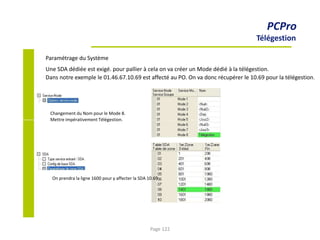 PCPro
Télégestion
Paramétrage du Système
Une SDA dédiée est exigé. pour pallier à cela on va créer un Mode dédié à la télégestion.
Dans notre exemple le 01.46.67.10.69 est affecté au PO. On va donc récupérer le 10.69 pour la télégestion.
Changement du Nom pour le Mode 8.
Mettre impérativement Télégestion.
On prendra la ligne 1600 pour y affecter la SDA 10.69
Page 122
 