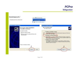 PCPro
Télégestion
Paramétrage du PC :
1
Création de la connexion
2
3
Page 124
 
