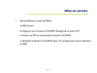 Mise en service
1. Reload (Remise à zéro du PBX) :
a) PBX éteint
b) Appuyer sur le bouton LOADSW (Rouge) de la carte CPU
et mettre sur ON en maintenant le bouton LOADSW.
c) Relâcher le Bouton LOADSW après 10 secondes puis laisser démarrer
le PBX.
Page 25
 