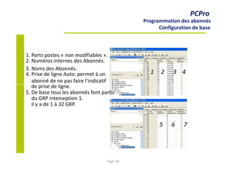 1 2 3 4
PCPro
Programmation des abonnés
Configuration de base
1. Ports postes « non modifiables ».
2. Numéros internes des Abonnés.
3. Noms des Abonnés.
4. Prise de ligne Auto: permet à un
abonné de ne pas faire l’indicatif
de prise de ligne.
5. De base tous les abonnés font partis
du GRP interception 1.
il y a de 1 à 32 GRP.
5 6 7
Page 40
 