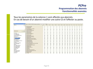 PCPro
Programmation des abonnés
Fonctionnalités avancées
Tous les parametres de la colonne 1 sont affectés aux abonnés.
En cas de besoin d’un abonné modifier une autre CS et l’affecter au poste.
Page 45
 