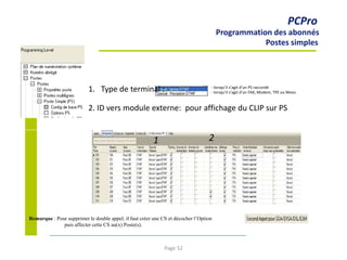 1. Type de terminal :
2. ID vers module externe: pour affichage du CLIP sur PS
- lorsqu’il s’agit d’un PS raccordé
- lorsqu’il s’agit d’un FAX, Modem, TPE ou Mevo
PCPro
Programmation des abonnés
Postes simples
1 2
Remarque : Pour supprimer le double appel, il faut créer une CS et décocher l’Option
puis affecter cette CS au(x) Poste(s).
Page 52
 