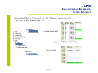 PCPro
Programmation des abonnés
Mobile Extension
La capacité du M.E est de 25% du Nombre de PORT TDM (postes uniquement) du PBX
EXP: si il y a 20 Ports, on pourra créer 5 M.E
1° Indiquer quelle NAC
Remarque : le 211 est un Abonné Fictif.
2° NAC avec GSM
Page 59
 