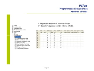 PCPro
Programmation des abonnés
Abonnés Virtuels
Il est possible de créer 50 abonnés Virtuels
De base il n’y a pas de numéro interne affecté.
Page 61
 