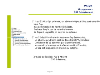 PCPro
Groupements
GRP Département
1° Il y a 32 Grp Dpt primaire, un abonné ne peut faire parti que d’un
seul Grp.
Pas de limitation de nombre de poste.
De base il n y’a pas de numéro interne.
Le Grp est joignable en interne ou externe.
2° les 32 dpt Primaire ont chacun un Grp Secondaire,
un abonné peut faire parti de tous les GRP Secondaire.
Limitation de 16 abonnés par Grp secondaire.
les numéros internes sont affectés au Grp Primaire.
Le Grp est joignable en interne ou externe.
3° Code de service: 750 1 Absent
750 0 Présent
Page 62
 