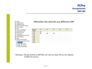PCPro
Groupements
GRP IRG
Affectation des abonnés aux différents GRP
Remarque : Ne pas toucher au GRP 001, car il sert au retour PO sur non réponse
et SDA non connue.
Page 67
 
