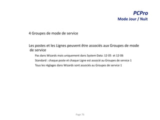 PCPro
Mode Jour / Nuit
4 Groupes de mode de service
Les postes et les Lignes peuvent être associés aux Groupes de mode
de service
Pas dans Wizards mais uniquement dans System Data: 12-05 et 12-06
Standard : chaque poste et chaque Ligne est associé au Groupes de service 1
Tous les réglages dans Wizards sont associés au Groupes de service 1
Page 76
 