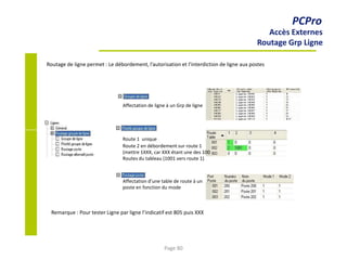 PCPro
Accès Externes
Routage Grp Ligne
Routage de ligne permet : Le débordement, l’autorisation et l’interdiction de ligne aux postes
Affectation de ligne à un Grp de ligne
Route 1 unique
Route 2 en débordement sur route 1
(mettre 1XXX, car XXX étant une des 100
Routes du tableau (1001 vers route 1)
Affectation d’une table de route à un
poste en fonction du mode
Remarque : Pour tester Ligne par ligne l’indicatif est 805 puis XXX
Page 80
 