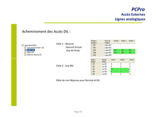 PCPro
Accès Externes
Lignes analogiques
Acheminement des Accès DIL :
Cible 1 : Abonné
Abonné Virtuel
Grp de Poste
Cible 2 : Grp IRG
Délai de non Réponse pour Normal et DIL
Page 83
 