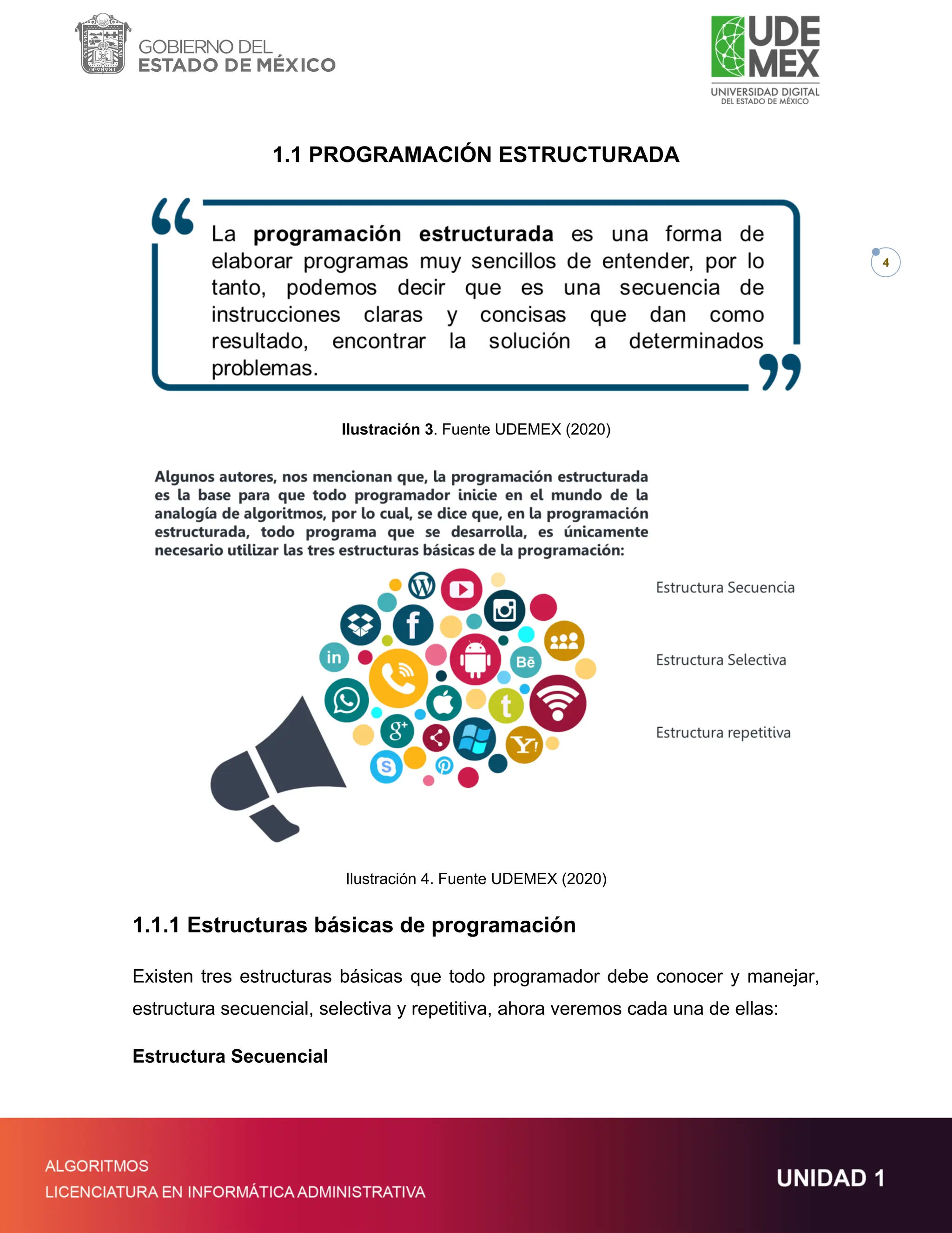 4
1.1 PROGRAMACIÓN ESTRUCTURADA
Ilustración 3. Fuente UDEMEX (2020)
Ilustración 4. Fuente UDEMEX (2020)
1.1.1 Estructuras básicas de programación
Existen tres estructuras básicas que todo programador debe conocer y manejar,
estructura secuencial, selectiva y repetitiva, ahora veremos cada una de ellas:
Estructura Secuencial
 
