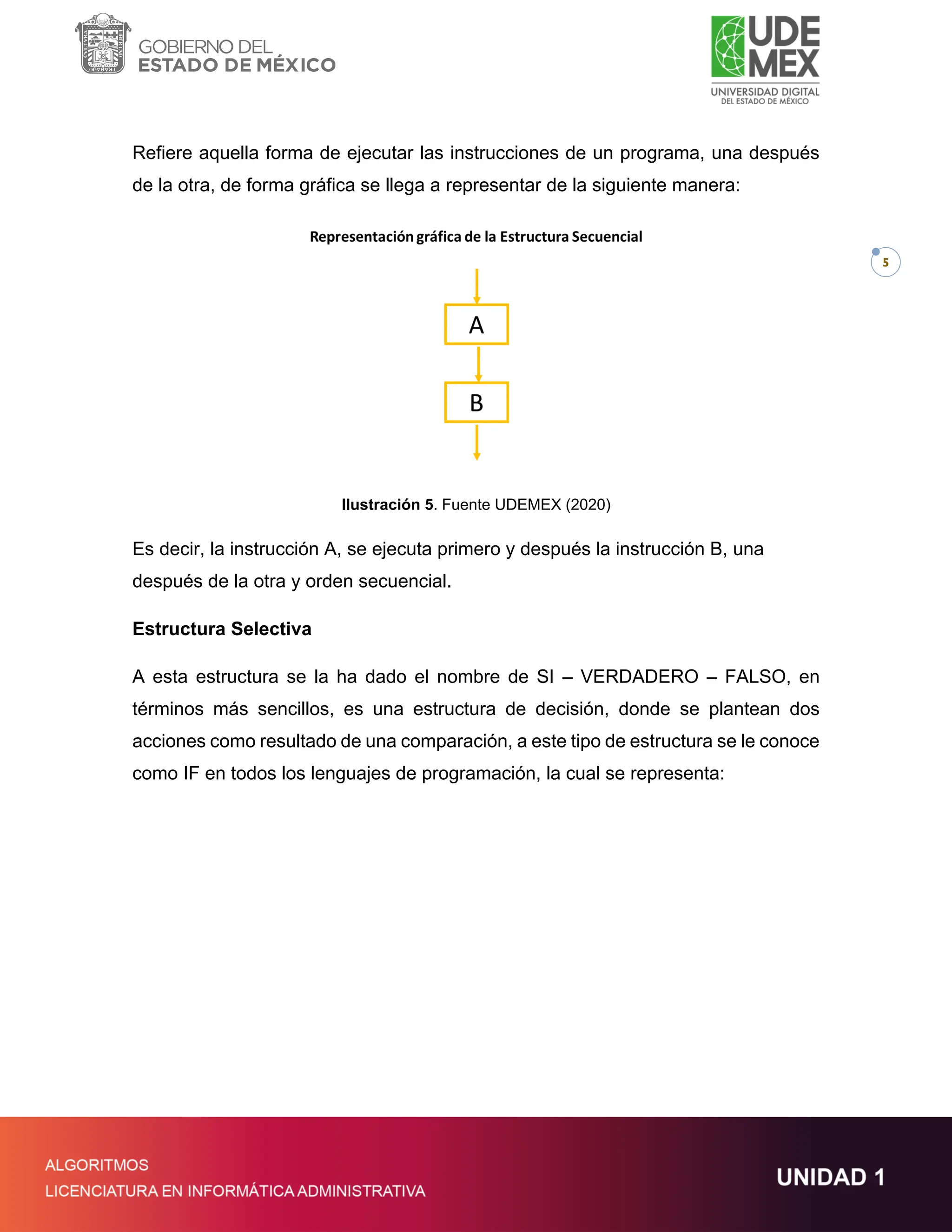 5
Refiere aquella forma de ejecutar las instrucciones de un programa, una después
de la otra, de forma gráfica se llega a representar de la siguiente manera:
Ilustración 5. Fuente UDEMEX (2020)
Es decir, la instrucción A, se ejecuta primero y después la instrucción B, una
después de la otra y orden secuencial.
Estructura Selectiva
A esta estructura se la ha dado el nombre de SI – VERDADERO – FALSO, en
términos más sencillos, es una estructura de decisión, donde se plantean dos
acciones como resultado de una comparación, a este tipo de estructura se le conoce
como IF en todos los lenguajes de programación, la cual se representa:
 