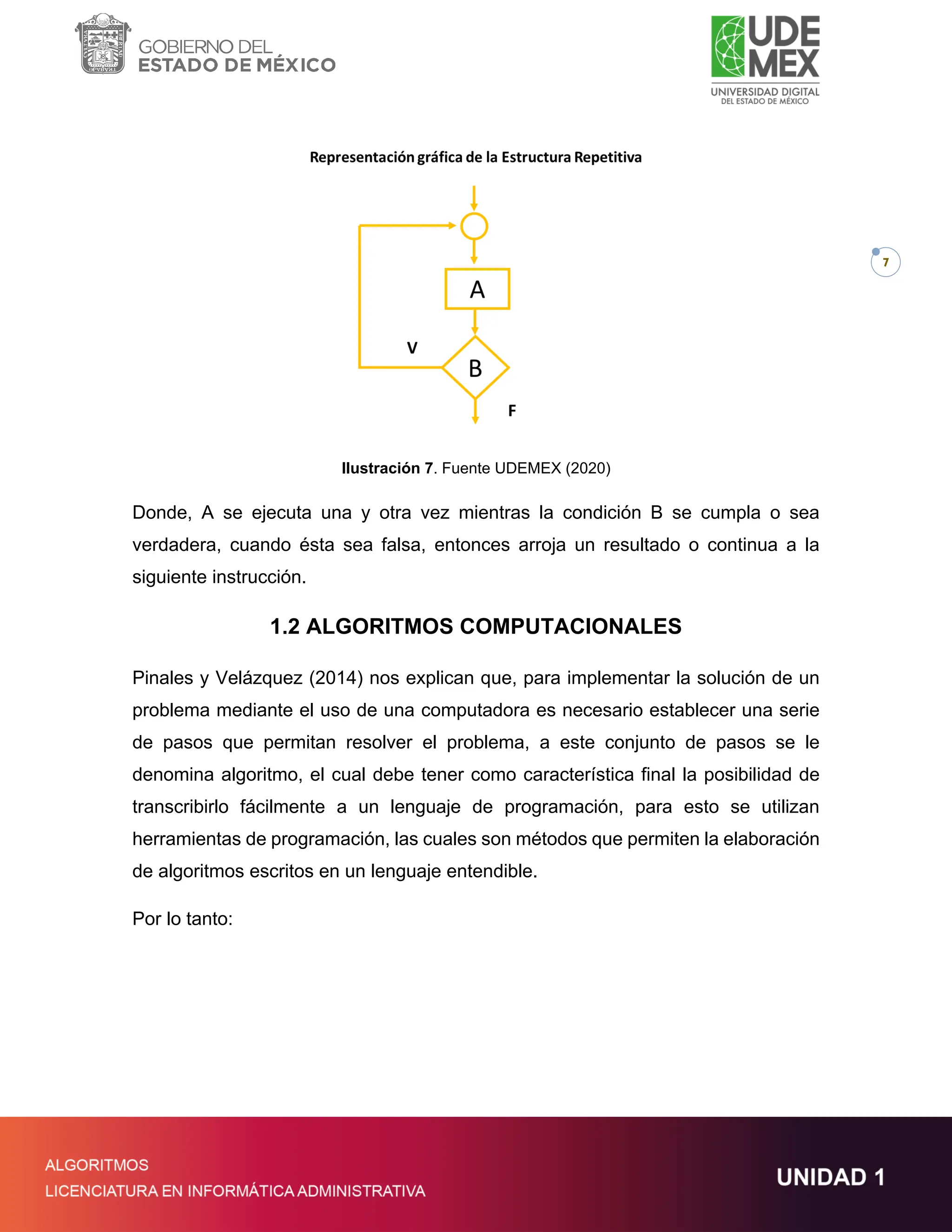 7
Ilustración 7. Fuente UDEMEX (2020)
Donde, A se ejecuta una y otra vez mientras la condición B se cumpla o sea
verdadera, cuando ésta sea falsa, entonces arroja un resultado o continua a la
siguiente instrucción.
1.2 ALGORITMOS COMPUTACIONALES
Pinales y Velázquez (2014) nos explican que, para implementar la solución de un
problema mediante el uso de una computadora es necesario establecer una serie
de pasos que permitan resolver el problema, a este conjunto de pasos se le
denomina algoritmo, el cual debe tener como característica final la posibilidad de
transcribirlo fácilmente a un lenguaje de programación, para esto se utilizan
herramientas de programación, las cuales son métodos que permiten la elaboración
de algoritmos escritos en un lenguaje entendible.
Por lo tanto:
 