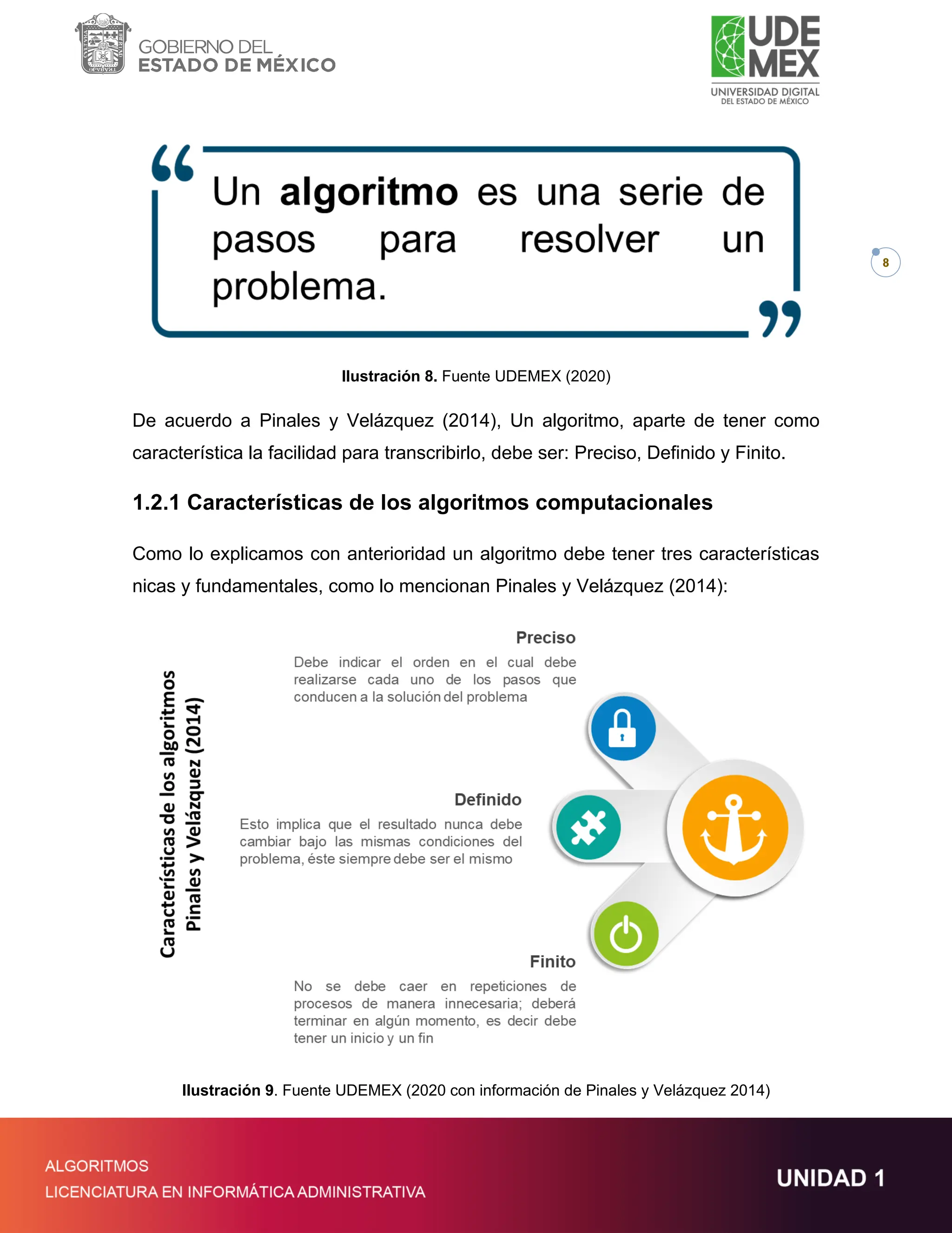 8
Ilustración 8. Fuente UDEMEX (2020)
De acuerdo a Pinales y Velázquez (2014), Un algoritmo, aparte de tener como
característica la facilidad para transcribirlo, debe ser: Preciso, Definido y Finito.
1.2.1 Características de los algoritmos computacionales
Como lo explicamos con anterioridad un algoritmo debe tener tres características
nicas y fundamentales, como lo mencionan Pinales y Velázquez (2014):
Ilustración 9. Fuente UDEMEX (2020 con información de Pinales y Velázquez 2014)
 