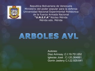 Republica Bolivariana de Venezuela
Ministerio del poder popular para la defensa
Universidad Nacional Experimental Politécnica
de la Fuerza Armada Nacional
“U.N.E.F.A” Núcleo Mérida
Mérida edo. Mérida
Autores:
Diaz Arimsay ;C.I:19.751.652
Iglesias José ; C.I:20,364661
Gorrin Jasleny C.I:22.929.641
 