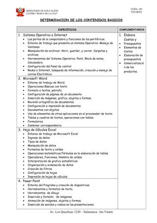 UGEL- 06
VITARTEMINISTERIO DE EDUCACION
CETPRO “REINA DE LA PAZ”
DETERMINACION DE LOS CONTENIDOS BASICOS
ESPECIFICOS COMPLEMENTARIOS
1. Sistema Operativo e Internet
• Las partes de la computadora y funciones de los periféricos.
• Entorno de trabajo que presenta un sistema Operativo: Manejo de
Ventanas
• Manipulación de archivos: Abrir, guardar, y cerrar. Carpetas y
archivos
• Herramientas del Sistema Operativo: Paint, Block de notas,
Calculadora.
• Configuración del Panel de control
• Redes e Internet, búsqueda de información, creación y manejo de
correo Electrónico.
1. Elabora
Costos y
• Presupuestos
• Elementos de
Costos
• Elaboración de
presupuestos
• Comercializació
n de los
productos.
2. Microsoft Word
• Entorno de trabajo de Word.
• Operaciones Básicas con texto
• Formato a textos, párrafo.
• Configuración de páginas de un documento
• Inserción de imágenes, grafico, objetos y formas.
• Revisión ortográfica de documentos.
• Configuración e impresión de documentos
• Documentos con objetos
• Uso de elementos de otras aplicaciones en el procesador de texto.
• Tablas y cuadros de textos, operaciones con tablas.
• Formularios
• Combinar correspondencia
3. Hoja de Cálculos Excel
• Entorno de trabajo de Microsoft Excel
• Ingreso de datos
• Tipos de datos
• Manipulación de datos
• Formatos de texto y celdas
• Operaciones matemáticos Fórmulas en la elaboración de tablas
• Operadores, Funciones, Nombre de celdas
• Interpretación de grafico estadísticos
• Organización y ordenación de datos
• Creación de filtros
• Configuración de hojas
• Impresión de hojas de cálculos
4. Power Point
• Entorno del Programa y creación de diapositivas.
• Herramientas y formatos de texto.
• Herramientas de dibujo
• Inserción y formato de imágenes.
• Animación de imágenes, objetos y formas.
• Inserción de sonidos y videos en las presentaciones
Av. Los Quechuas 1220 – Salamanca Ate Vitarte
 