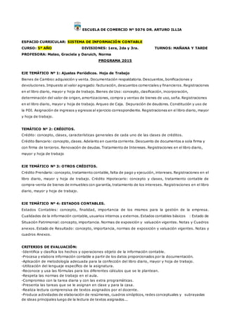 ESCUELA DE COMERCIO Nº 5076 DR. ARTURO ILLIA
ESPACIO CURRICULAR: SISTEMA DE INFORMACIÓN CONTABLE
CURSO: 5º AÑO DIVISIONES: 1era, 2da y 3ra. TURNOS: MAÑANA Y TARDE
PROFESORA: Mateo, Graciela y Daruich, Norma
PROGRAMA 2015
EJE TEMÁTICO Nº 1: Ajustes Periódicos. Hoja de Trabajo
Bienes de Cambio: adquisición y venta. Documentación respaldatoria. Descuentos, bonificaciones y
devoluciones. Impuesto al valor agregado: facturación, descuentos comerciales y financieros. Registraciones
en el libro diario, mayor y hoja de trabajo. Bienes de Uso: concepto, clasificación, incorporación,
determinación del valor de origen, amortizaciones, compra y ventas de bienes de uso, seña. Registraciones
en el libro diario, mayor y hoja de trabajo. Arqueo de Caja. Depuración de deudores. Constitución y uso de
la PDI. Asignación de ingresos y egresos al ejercicio correspondiente. Registraciones en el libro diario, mayor
y hoja de trabajo.
TEMÁTICO Nº 2: CRÉDITOS.
Crédito: concepto, clases, características generales de cada uno de las clases de créditos.
Crédito Bancario: concepto, clases. Adelanto en cuenta corriente. Descuento de documentos a sola firma y
con firma de terceros. Renovación de deudas. Tratamiento de Intereses. Registraciones en el libro diario,
mayor y hoja de trabajo
EJE TEMÁTICO Nº 3: OTROS CRÉDITOS.
Crédito Prendario: concepto, tratamiento contable, falta de pago y ejecución, intereses. Registraciones en el
libro diario, mayor y hoja de trabajo. Crédito Hipotecario: concepto y clases, tratamiento contable de
compra-venta de bienes de inmuebles con garantía, tratamiento de los intereses. Registraciones en el libro
diario, mayor y hoja de trabajo.
EJE TEMÁTICO Nº 4: ESTADOS CONTABLES.
Estados Contables: concepto, finalidad, importancia de los mismos para la gestión de la empresa.
Cualidades de la información contable, usuarios internos y externos. Estados contables básicos : Estado de
Situación Patrimonial: concepto, importancia. Normas de exposición y valuación vigentes. Notas y Cuadros
anexos. Estado de Resultado: concepto, importancia, normas de exposición y valuación vigentes. Notas y
cuadros Anexos.
CRITERIOS DE EVALUACIÓN:
-Identifica y clasifica los hechos y operaciones objeto de la información contable.
-Procesa y elabora información contable a partir de los datos proporcionados por la documentación.
-Aplicación de metodología adecuada para la confección del libro diario, mayor y hoja de trabajo.
-Utilización del lenguaje específico de la asignatura.
-Reconoce y usa las fórmulas para los diferentes cálculos que se le plantean.
-Respeta las normas de trabajo en el aula.
-Compromiso con la tarea diaria y con las extra programáticas.
-Presenta las tareas que se le asignan en clase y para la casa.
-Realiza lectura comprensiva de textos asignados por el docente.
-Produce actividades de elaboración de resúmenes, cuadros sinópticos, redes conceptuales y subrayadas
de ideas principales luego de la lectura de textos asignados...
 