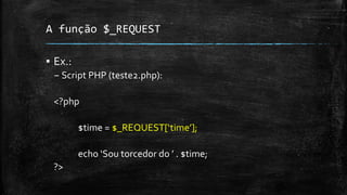 A função $_REQUEST
▪ Ex.:
– Script PHP (teste2.php):
<?php
$time = $_REQUEST[‘time’];
echo ‘Sou torcedor do ’ . $time;
?>
 