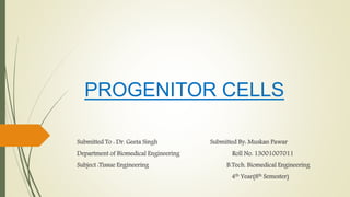 PROGENITOR CELLS
Submitted To : Dr. Geeta Singh Submitted By: Muskan Pawar
Department of Biomedical Engineering Roll No. 13001007011
Subject :Tissue Engineering B.Tech. Biomedical Engineering
4th Year(8th Semester)
 