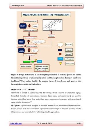 Chaithanya et al. World Journal of Pharmaceutical Research
www.wjpr.net Vol 9, Issue 8, 2020. 1237
Figure 4: Drugs that involve in inhibiting the production of farnesyl group, act on the
biosynthetic pathway of cholesterol (statins and bisphosphonates). Farnesyl tranferase
inhibitors(FTI’s) mainly inhibit the enzyme farnesyl transferase and prevent the
farnesylation reaction on Prelamin-A.
11) SUPPORTIVE THERAPY
Treatment is aimed at controlling the devastating effects caused by premature aging.
Prescribed formulas of antioxidants, vitamins, lipoic acid, and coenzyme-Q are used to
increase antioxidant levels. Low antioxidant levels are common in persons with progeria and
cause cellular destruction.[2]
1) Aspirin: Aspirin is now accepted as a crucial weapon in the prevention of heart condition.
Recent clinical trials have shown that aspirin reduces the danger of transient ischemic attacks
(TIA) strokes and heart attacks by inhibiting platelet aggregation.
 