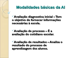 Modalidades básicas da AI

Avaliação diagnostica inicial – Tem
o objetivo de fornecer informações
necessárias à escola.

Avaliação de processo – É a
avaliação do cotidiano escolar.

Avaliação de resultados – Analisa o
resultado do processo de
aprendizagem dos alunos.
 