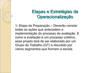 Etapas e Estratégias de
            Operacionalização
1- Etapa de Preparação – Deverão constar
todas as ações que antecedem a
implementação do processo de avaliação. E
como a avaliação é um processo coletivo,
esse projeto terá de ser elaborado por um
Grupo de Trabalho (GT) e discutido por
vários segmentos que formam a escola.
 