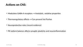 Dr.shankar Gejji 19
Actions on CNS:
• Modulates GABA-A receptors → Anxiolytic, sedative properties
• Thermoregulatory effects → Can prevent hot flushes
• Neuroprotective roles (recent evidence)
• PR isoform balance affects synaptic plasticity and neuroinflammation
01-07-2025
 