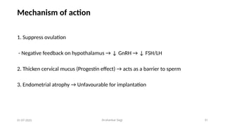 Dr.shankar Gejji 31
Mechanism of action
1. Suppress ovulation
- Negative feedback on hypothalamus → ↓ GnRH → ↓ FSH/LH
2. Thicken cervical mucus (Progestin effect) → acts as a barrier to sperm
3. Endometrial atrophy → Unfavourable for implantation
01-07-2025
 