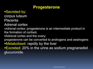 Progesterone 
Secreted by: corpus luteum Placenta Adrenal cortex 
Adrenal cortex: progesterone is an intermediate product in the formation of cortisol. 
Adrenal cortex and the ovary: progesterone can be converted to androgens and oestrogens 
Metabolised: rapidly by the liver 
Excreted: 20% in the urine as sodium pregnanediol glucuronide. 
Aboubakr Elnashar 
 