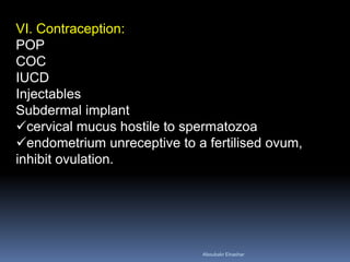 VI. Contraception: POP COC IUCD Injectables Subdermal implant 
cervical mucus hostile to spermatozoa 
endometrium unreceptive to a fertilised ovum, inhibit ovulation. 
Aboubakr Elnashar 
 